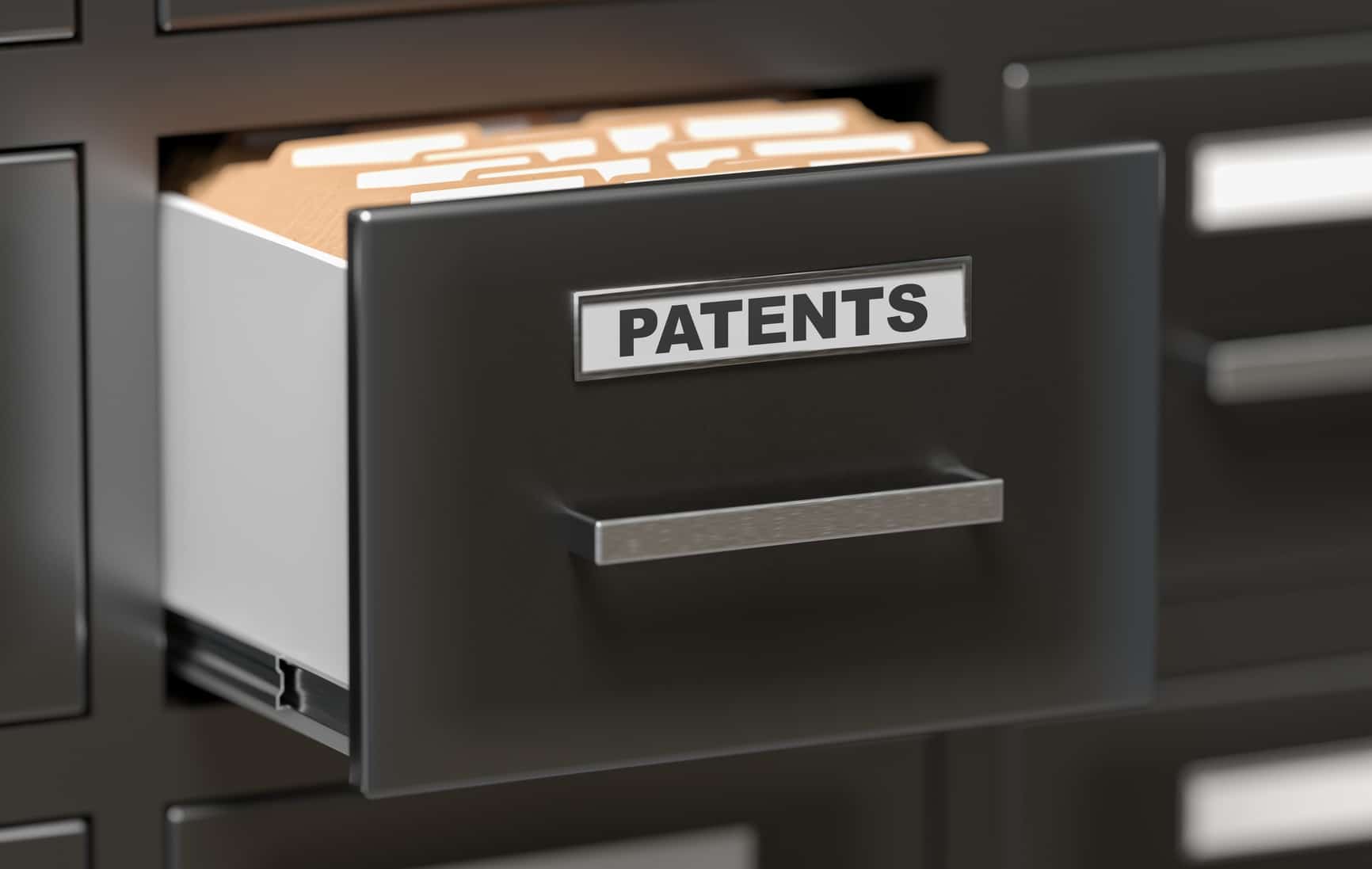 Patent files and documents in cabinet in office. 3D rendered illustration.